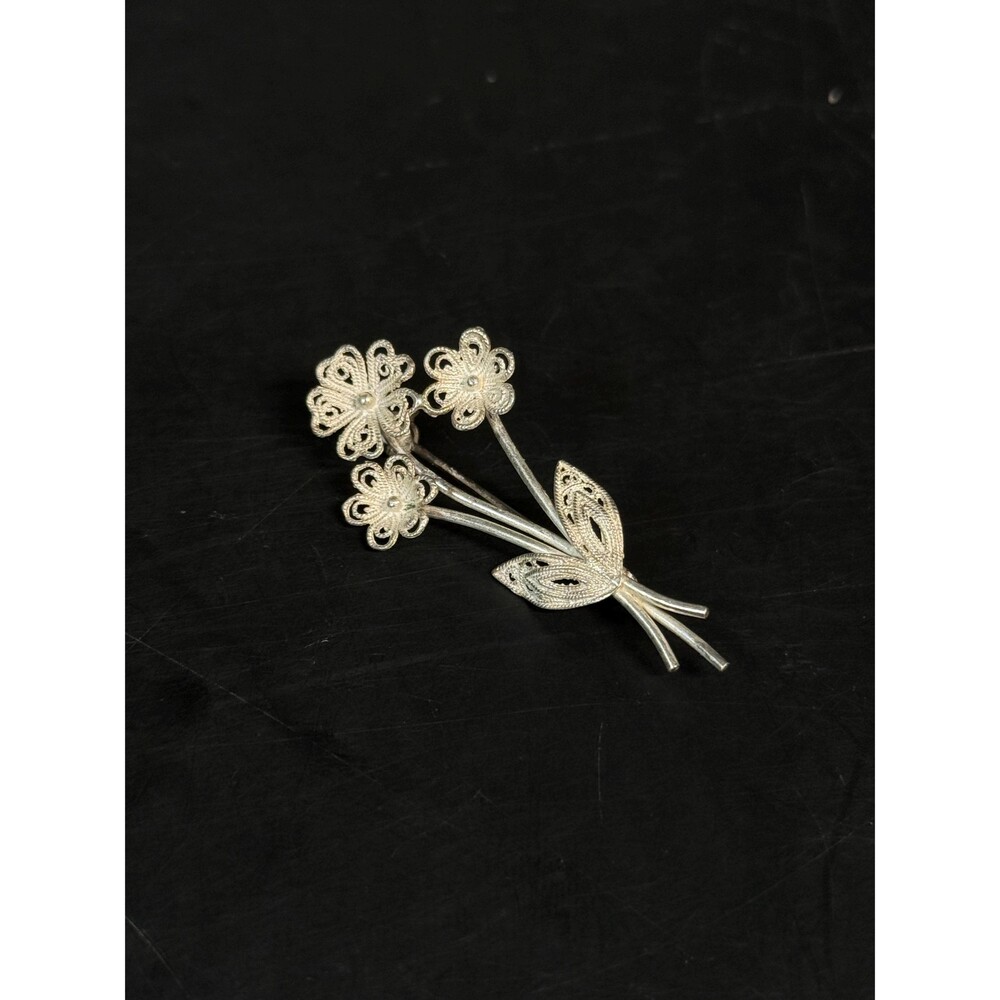 835 Silver Filigree Floral Brooch Vintage Flower Bouquet Pin